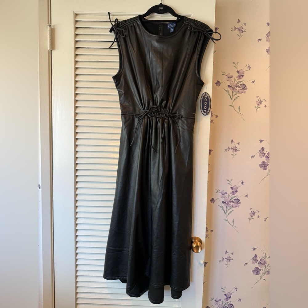 NWT Scoop Black Faux Leather Cinch Waist Dress in Size Small